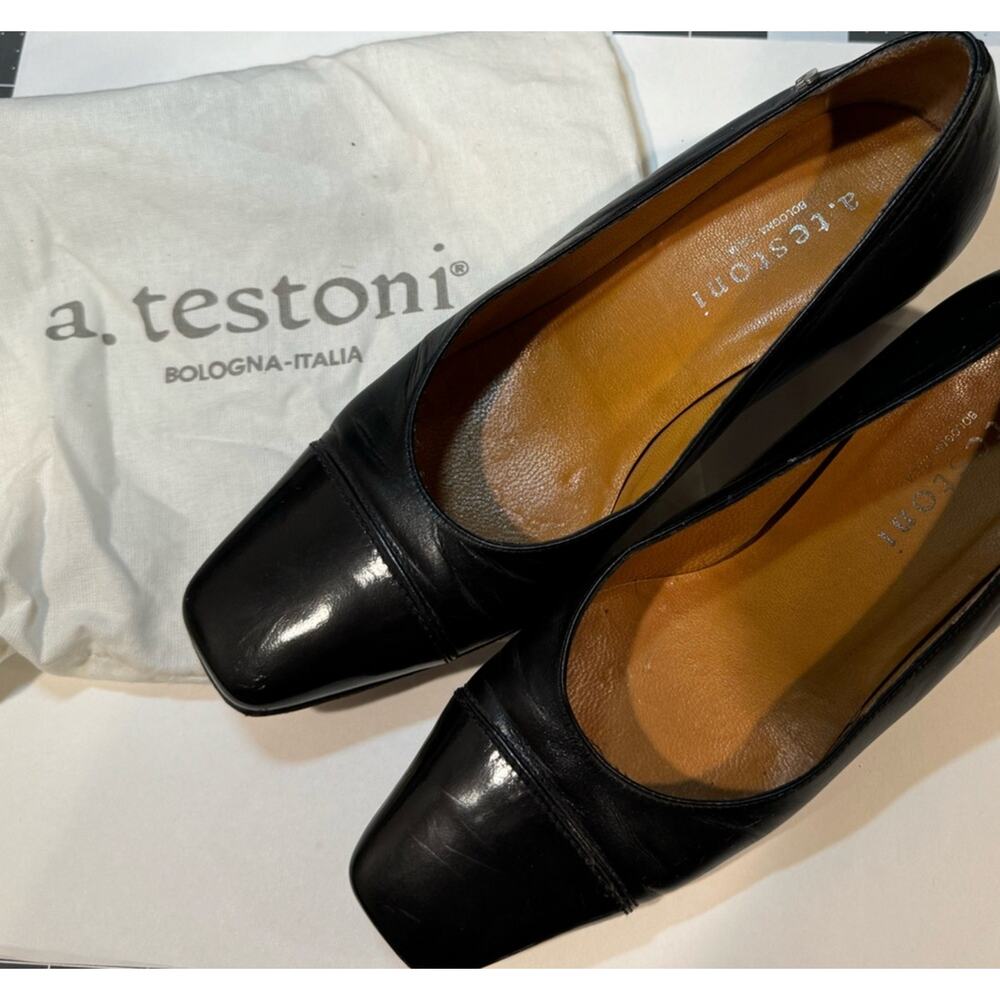 A. Testoni Black Leather Heels 3" Square Toe‎ Italy Size 5.5 with Dust Bag